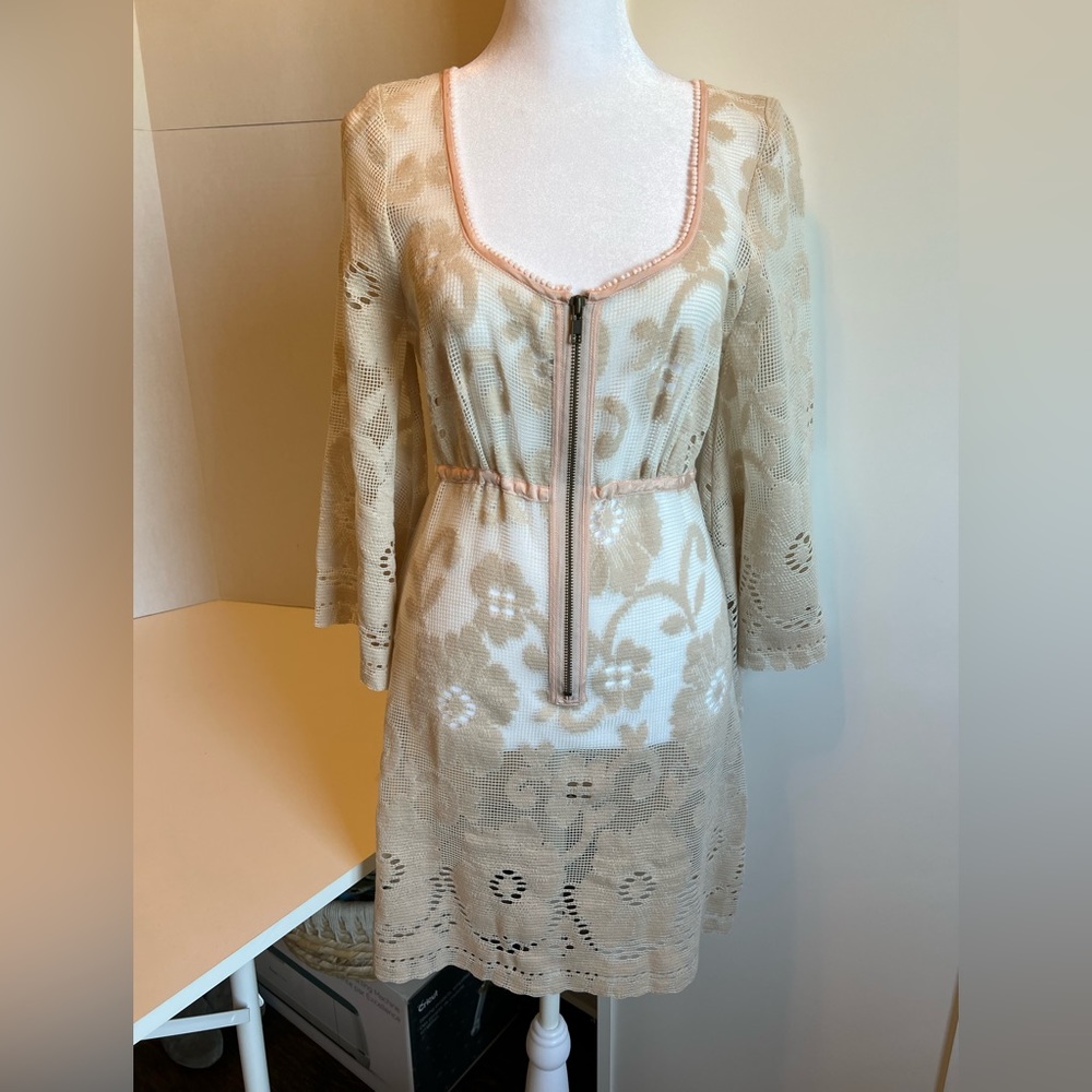 Free People Lace Zip Cream/Pink Coverup, Size XS